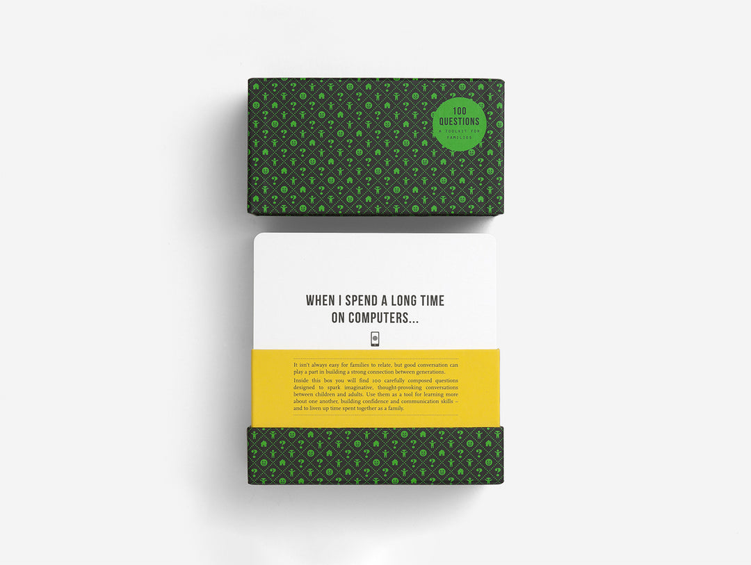 A box of card questions designed for family discussions, with visible yellow and green question cards.