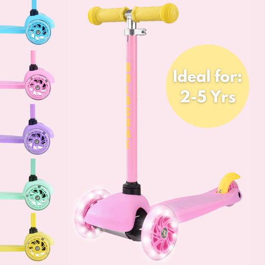 Pink scooter with colourful wheels on a light pink background, labeled 'Ideal for: 2-5 Yrs'.