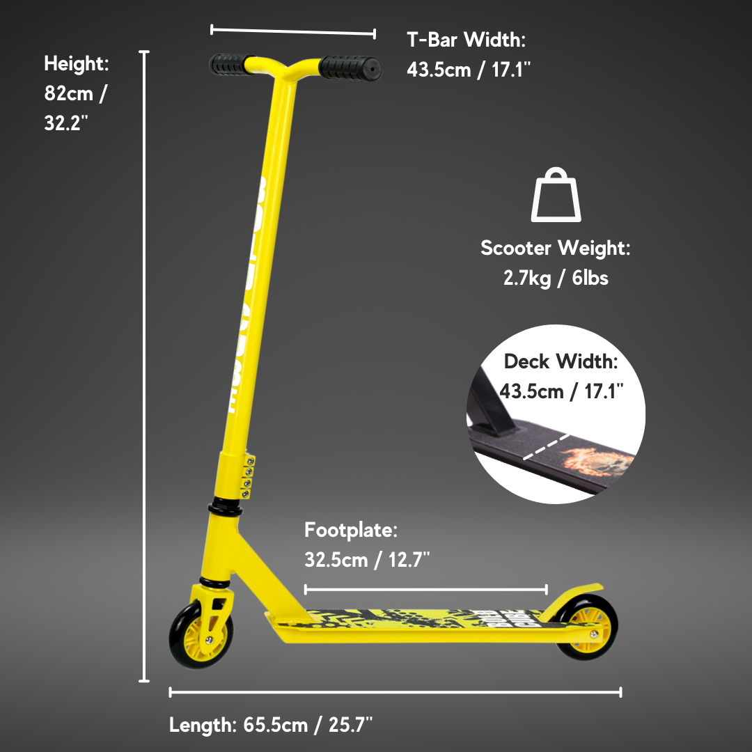 Yellow scooter with detailed measurements on a grey background