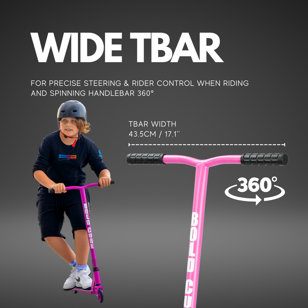 Child riding a pink scooter with text about wide T-bar design on a dark background