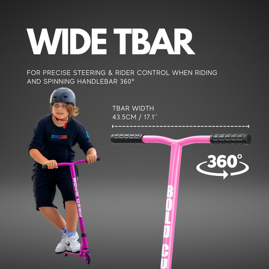 Child riding a pink scooter with text about wide T-bar design on a dark background