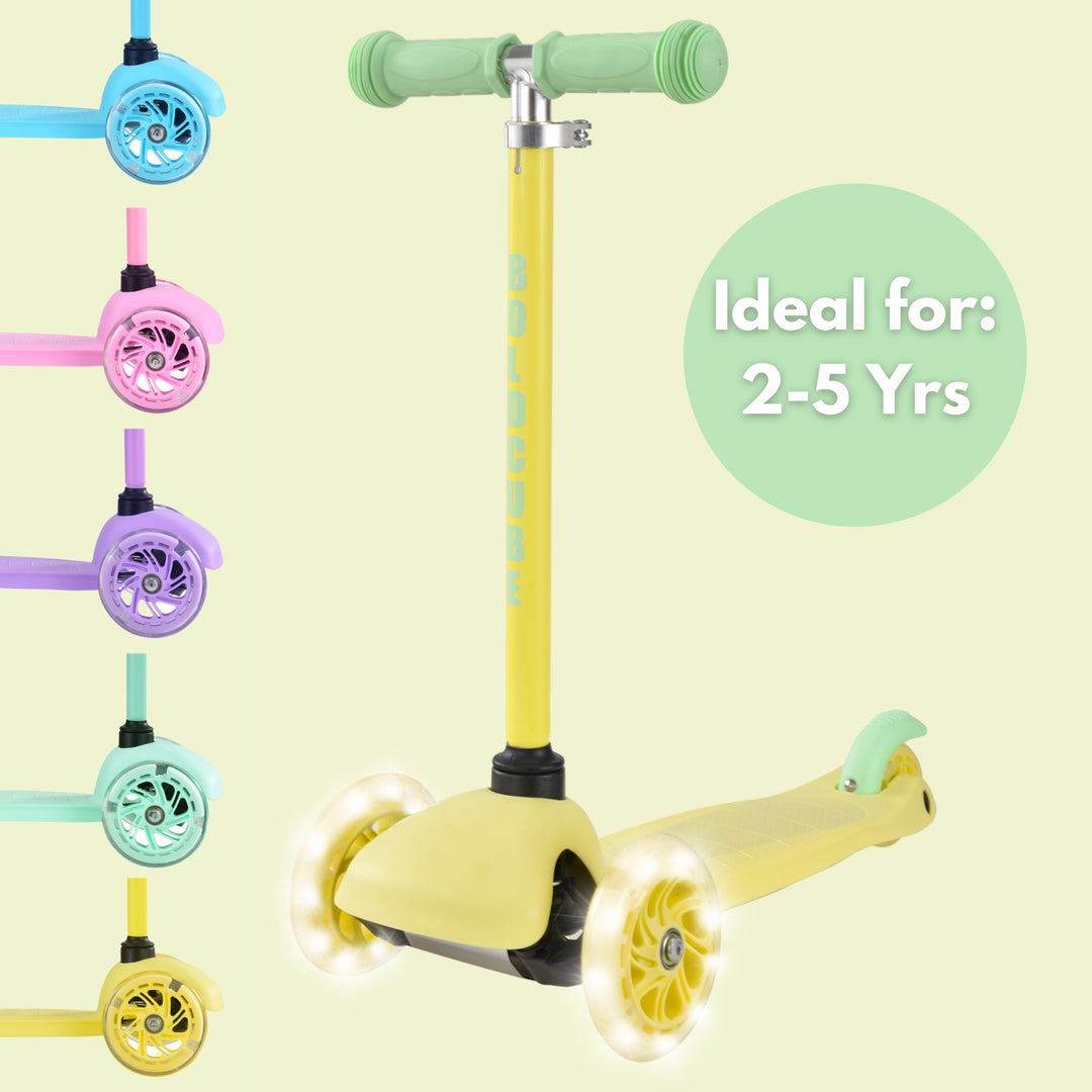 Children's scooter with examples of different colours next to it, with text saying 'ideal for 2-5 years'