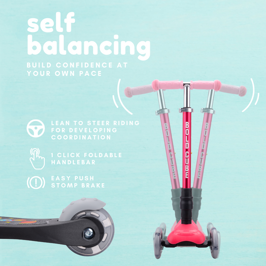 Pink self-balancing scooter with features listed on a light blue background