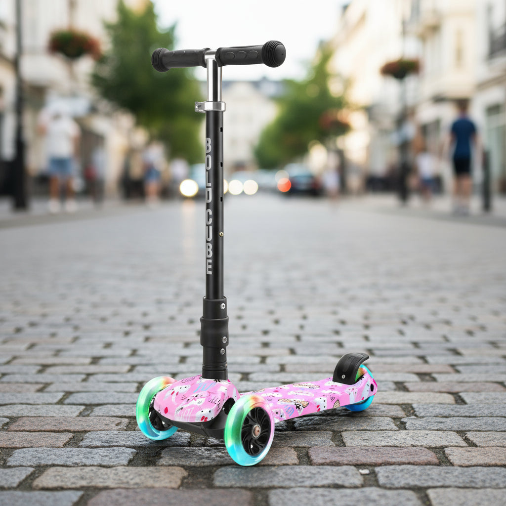 Children's scooter with pink deck and colourful wheels on a city street