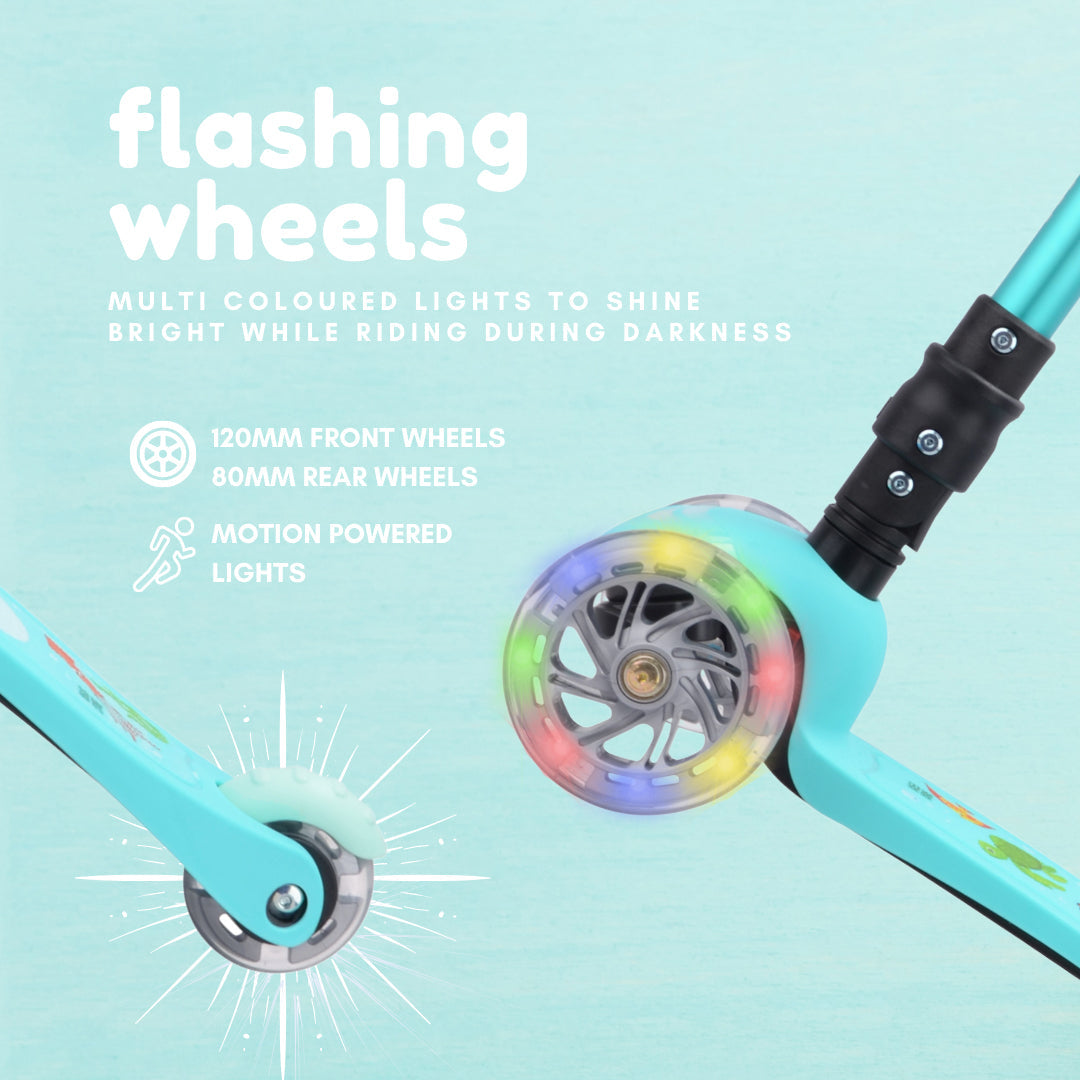 Teal scooter with colorful wheels on a light blue background, highlighting flashing wheels feature.