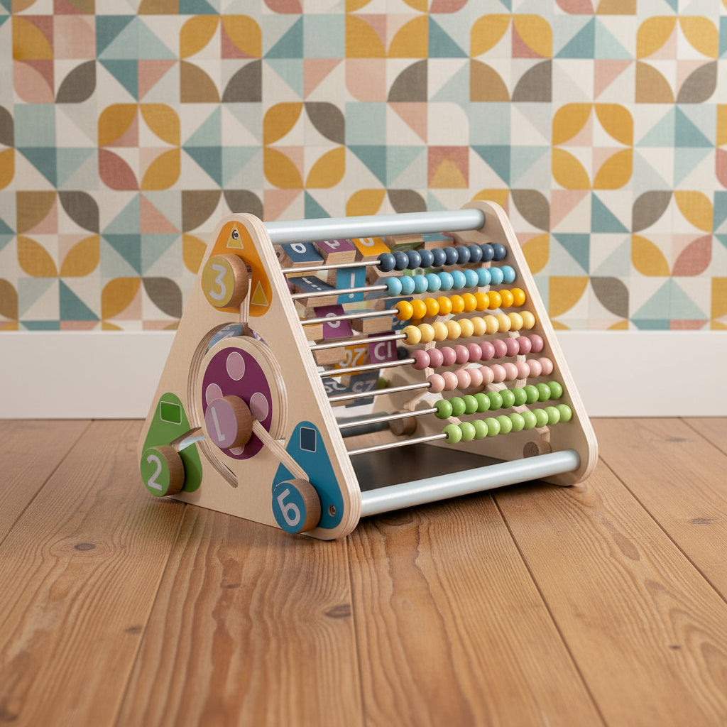 A wooden activity center for toddlers with multiple colorful educational features such as an abacus, alphabet squares, and animal blocks.