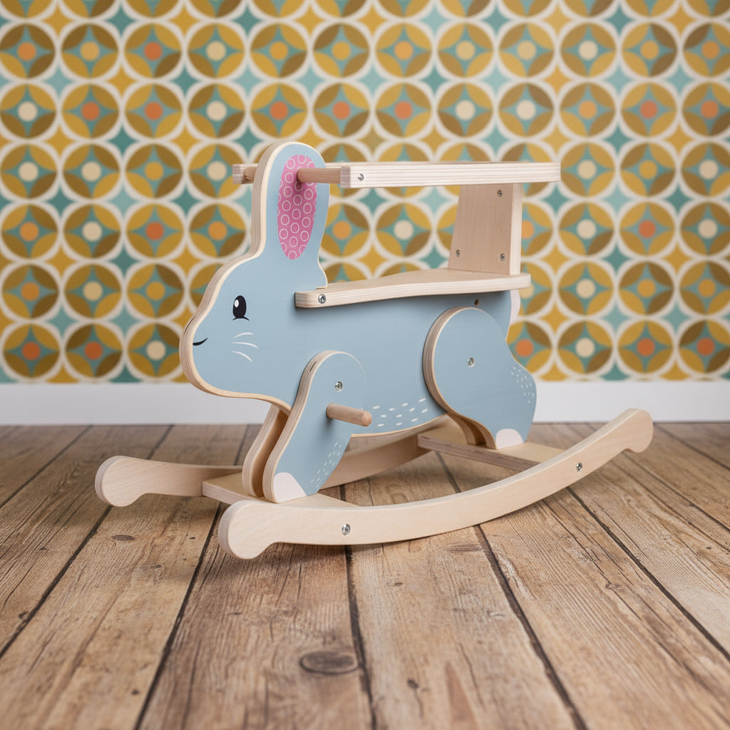 A blue and beige wooden rocking rabbit toy with pink inner ears, suitable for toddlers.