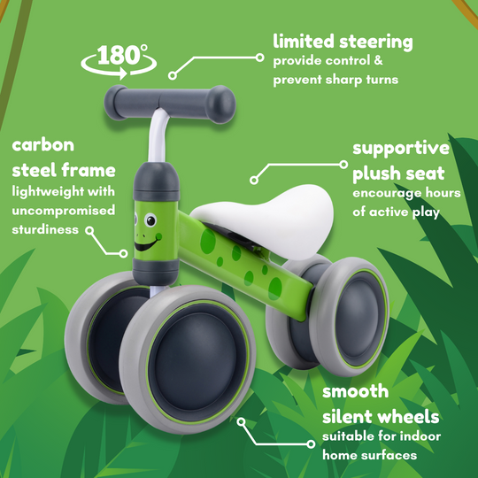Green balance bike with features highlighted on a green background such as limited steeering for safety, carbon steel frame, supportive seat and smooth silent wheels