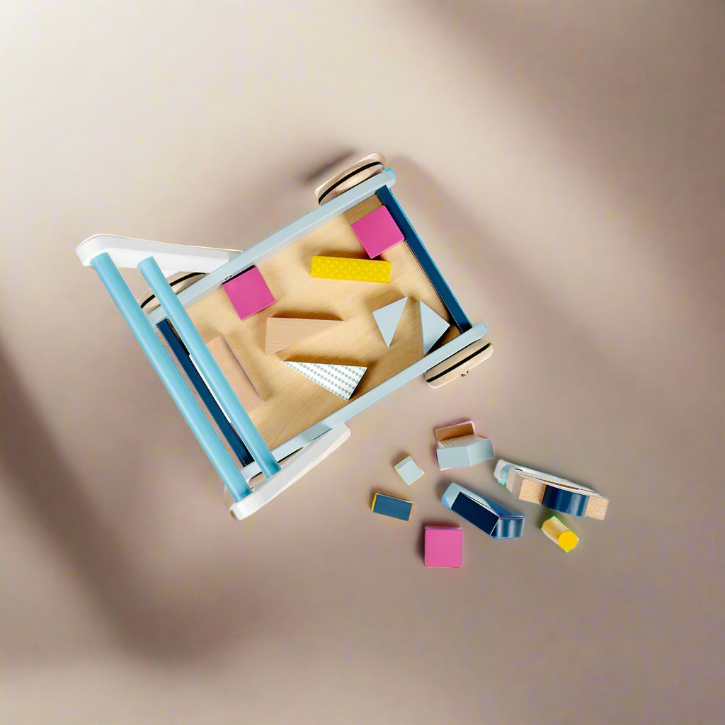 View of baby walker and blocks from above