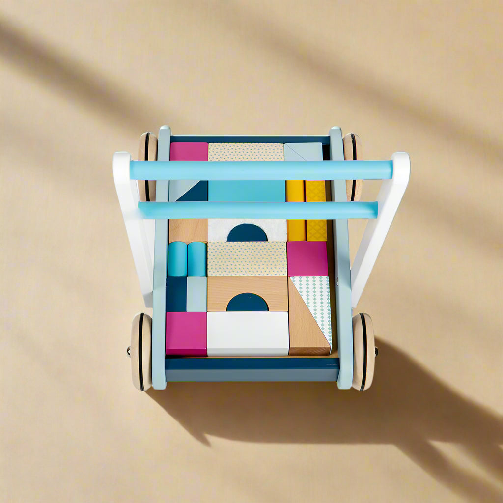 View from above of baby walker with all the blocks in it fitting together like a puzzle