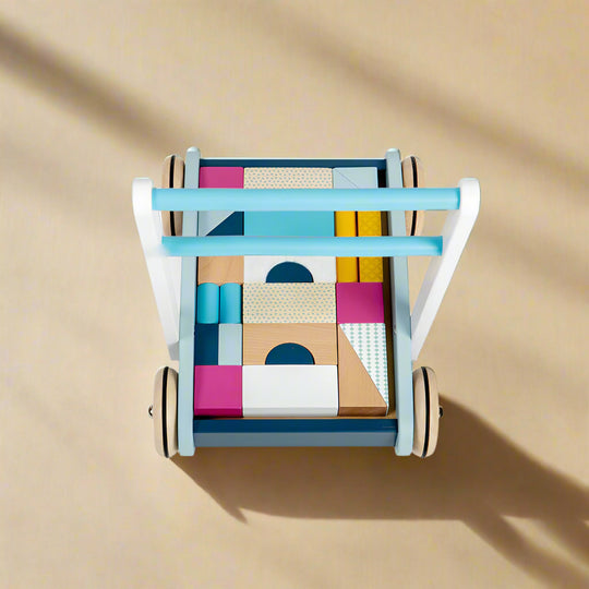 View from above of baby walker with all the blocks in it fitting together like a puzzle