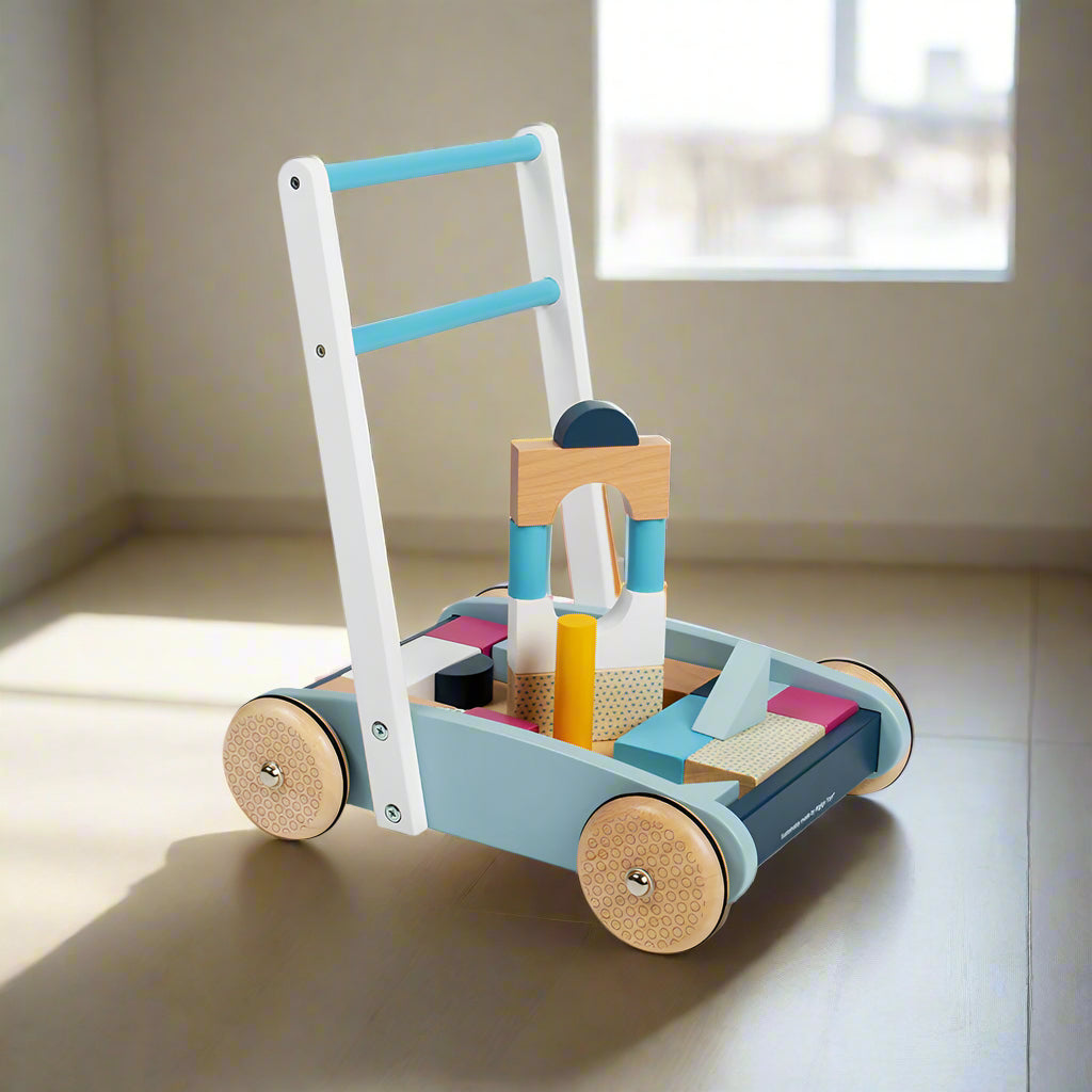 Baby walker with blocks stacked inside