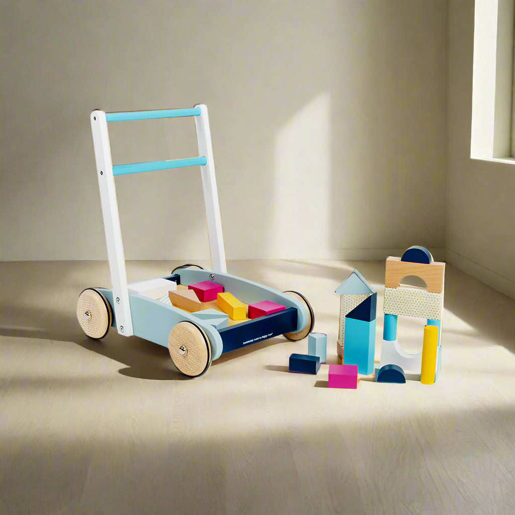A wooden baby walker with multicoloured building bricks, designed with a blue frame, white handlebar, and natural wood wheels and blocks.