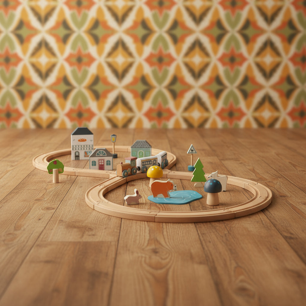 Wooden railway set featuring a train with two engines, carriages, and various accessories including a cafe, bakery, trees, and animals arranged on a figure-of-eight track layout.