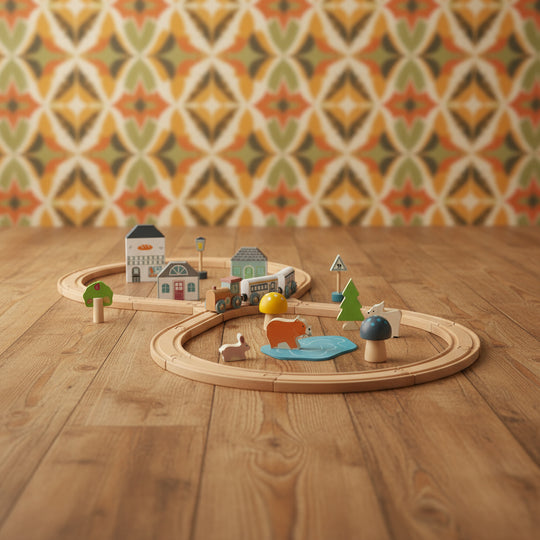 Wooden railway set featuring a train with two engines, carriages, and various accessories including a cafe, bakery, trees, and animals arranged on a figure-of-eight track layout.