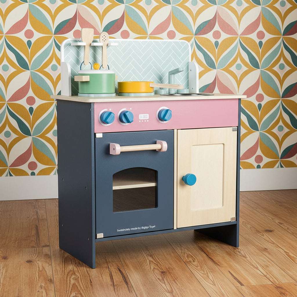 A wooden children's play kitchen with blue, pink, and natural wood colors, including a pot, saucepan, spoon, and spatula.