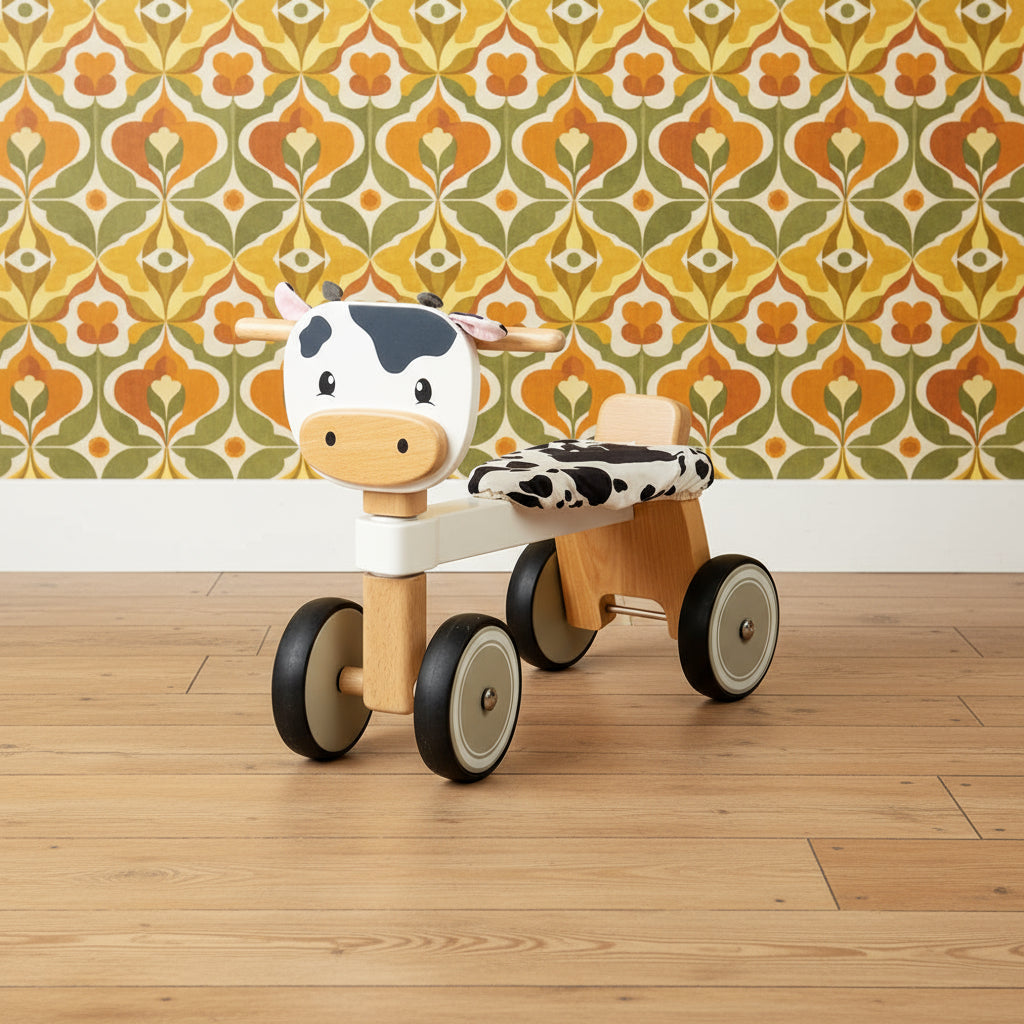 Wooden ride-on toy designed to look like a cow with black and white patterned body, beige undercarriage and wheels, and a fluffy grey seat.