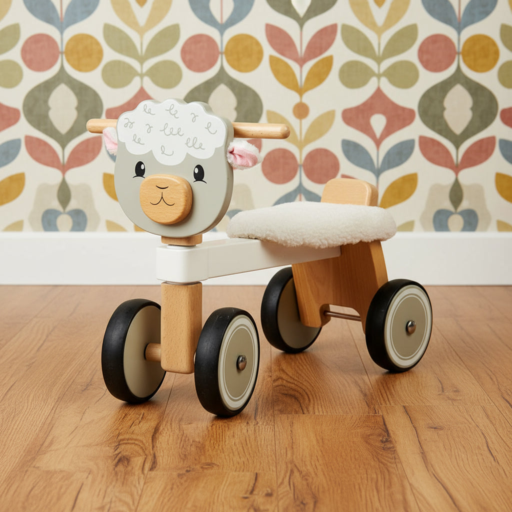 Wooden ride-on toy shaped like a sheep with four wheels and a fluffy seat, featuring a smiling face and wooden handlebars.