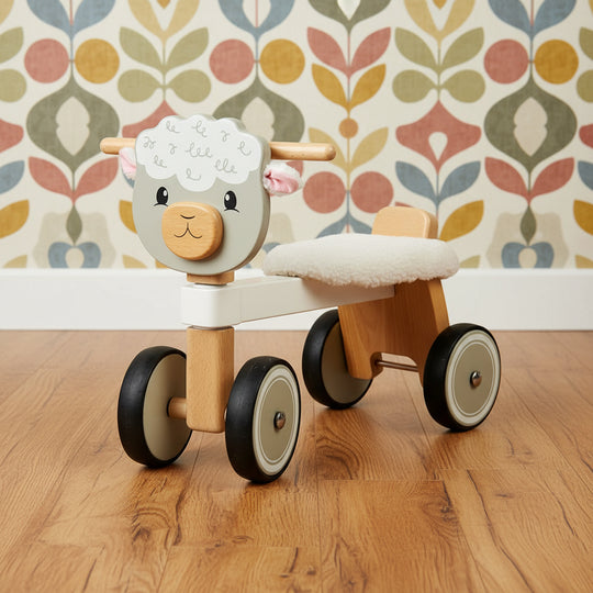 Wooden ride-on toy shaped like a sheep with four wheels and a fluffy seat, featuring a smiling face and wooden handlebars.