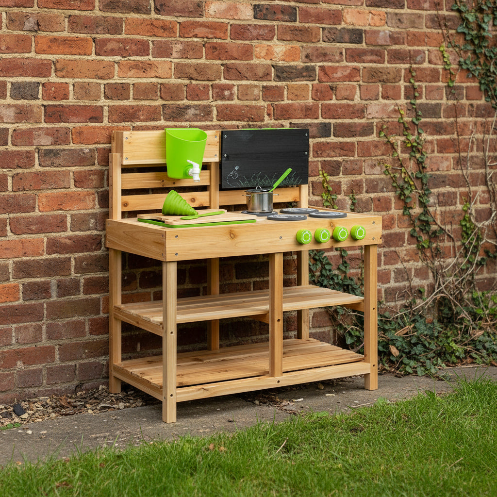 Wooden mud kitchen toy with sink, stove, pots, pans, and utensils. Accessories are green and the kitchen is constructed of light brown wood.