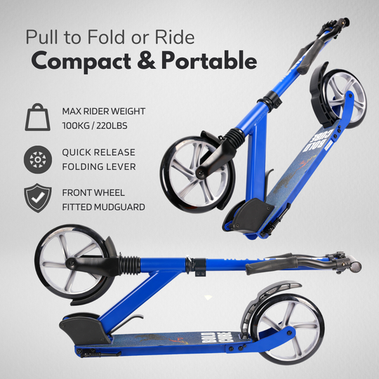 Blue scooter shown in folded position with features listed including quick release folding lever, front wheel mudguard and maximum rider weight 100kg