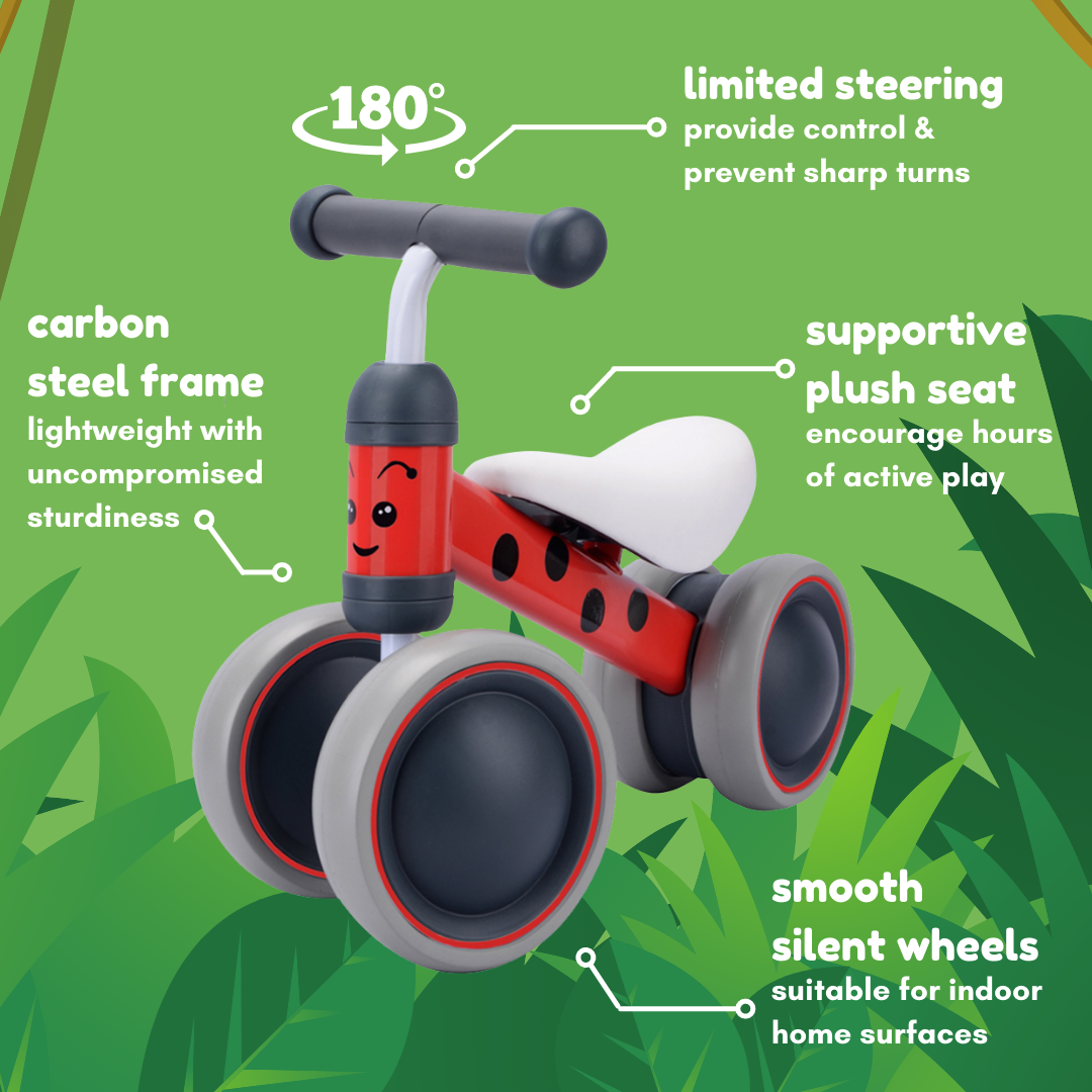 Children's balance bike with features highlighted on a green background such as limited safety steering, carbon steel frame, supportive seat and smooth silent wheels