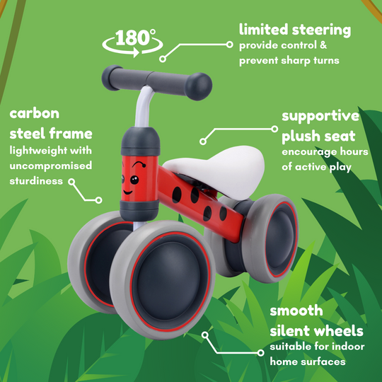 Children's balance bike with features highlighted on a green background such as limited safety steering, carbon steel frame, supportive seat and smooth silent wheels