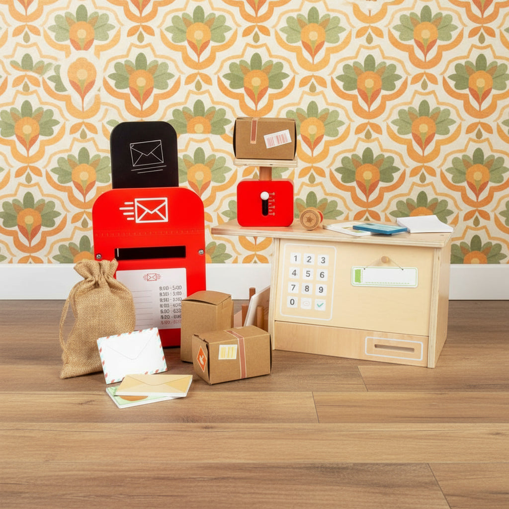 A wooden post office play set including a red post box, a till station, weighing scales, a chalkboard, a parcel sack, various parcels and postcards, a stamper, and a small wooden counter.