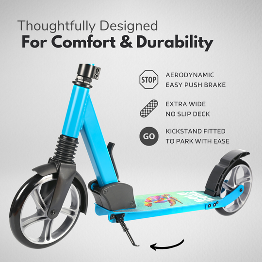 Blue scooter with features listed including aerodynamic easy push brake, extra wide no-slip deck and kickstant for easy parking