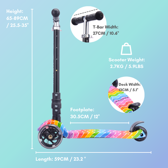 Colourful scooter with dimensions and specifications such as height 65-89cm, length 59cm, T-bar width 27cm and scooter weight 2.7kg