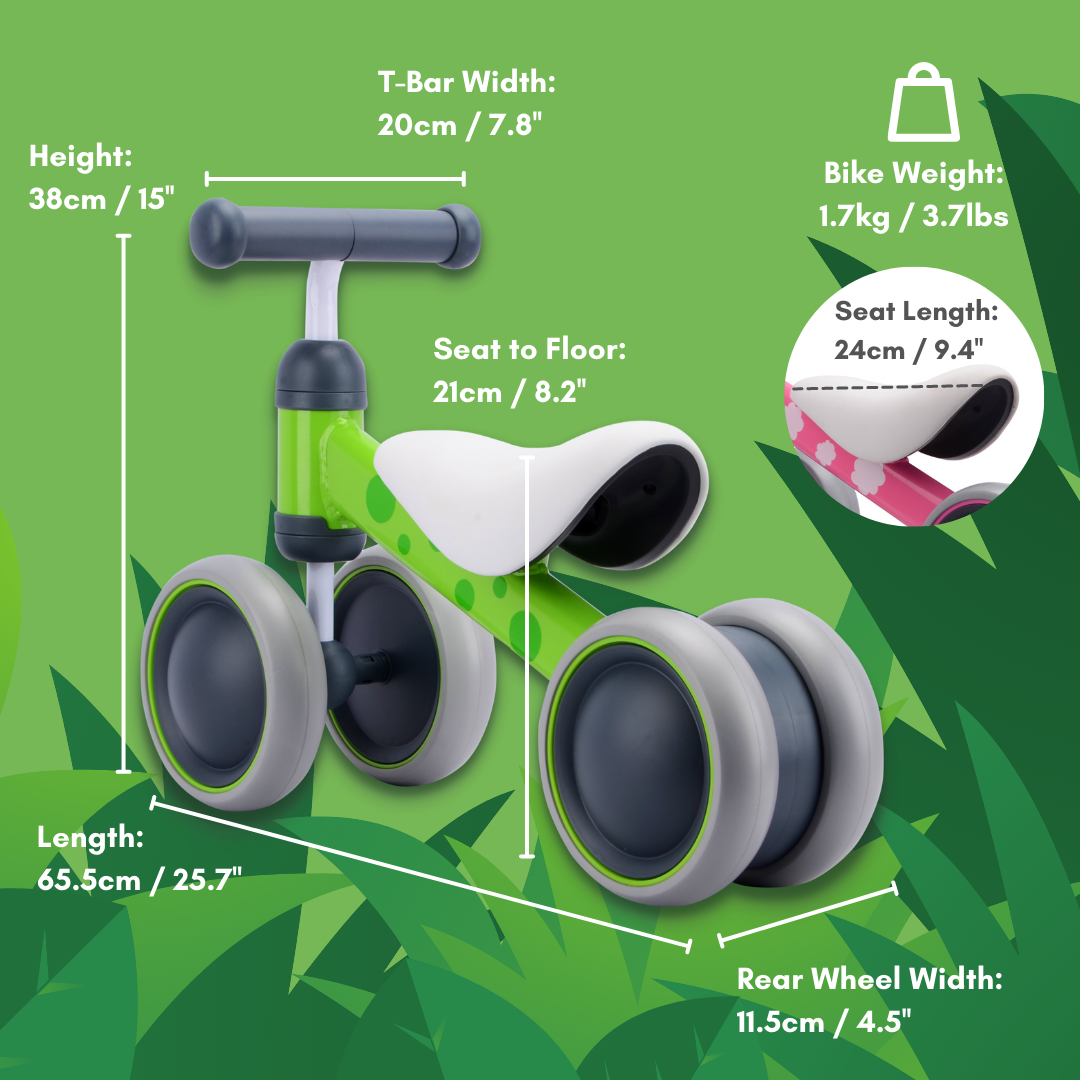 Children's balance bike with dimensions and weight information on a green background