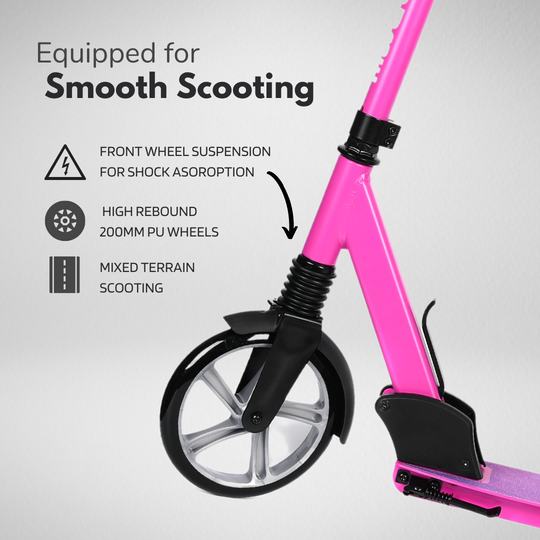 Pink scooter with features highlighted  including front wheel suspension, high rebound 200mm wheels and mixed terrain scooting