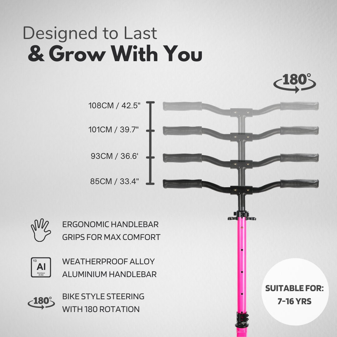 Scooter handlebar with specifications and features listed such as ergonomic handlebar grips, weatherproof alloy aluminium handlebar and bike-style steering with 180 degree rotation