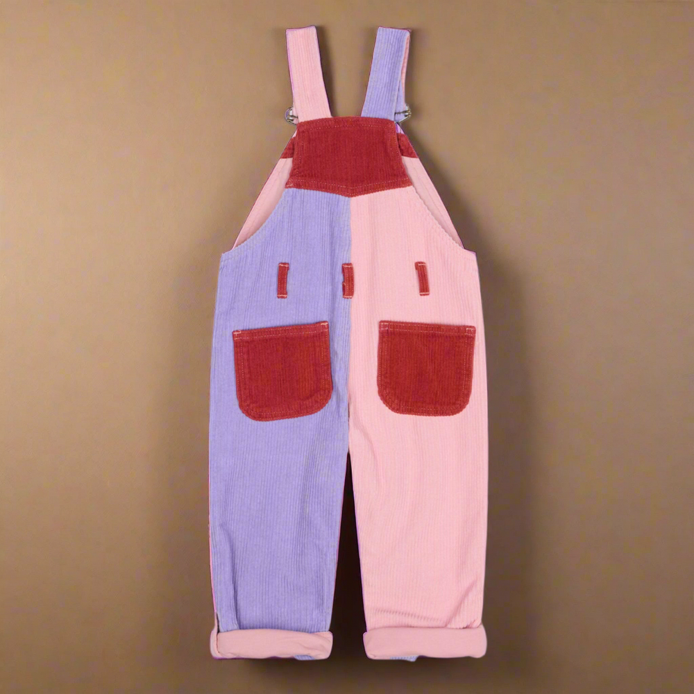 Reverse of corduroy dungarees, showing two pockets on rear