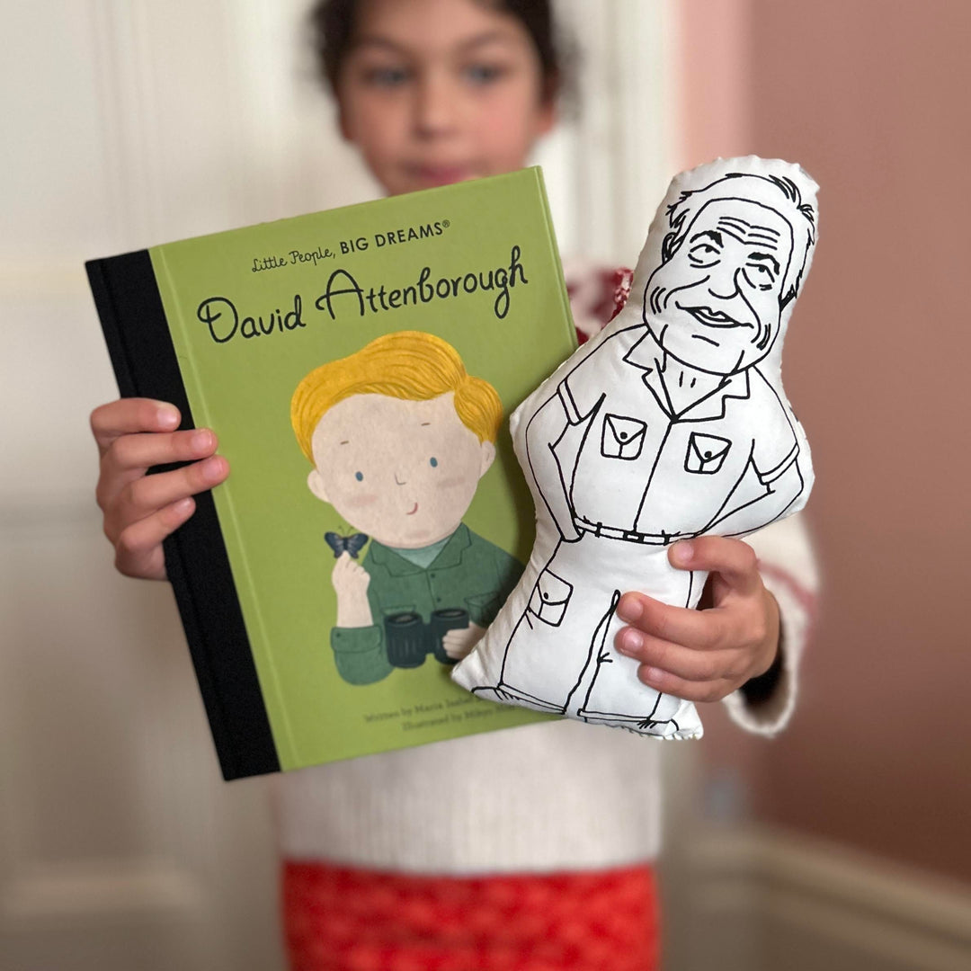 A child holding a screen printed cushion doll of David Attenborough, along with a book with David Attenborough's illustration on the cover.