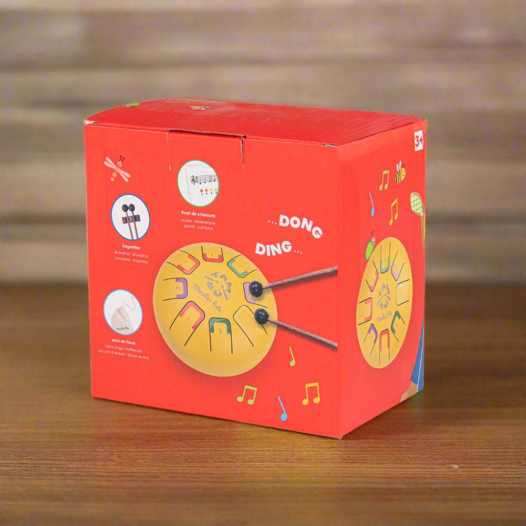 Red box with musical instrument illustrations and text on a white background