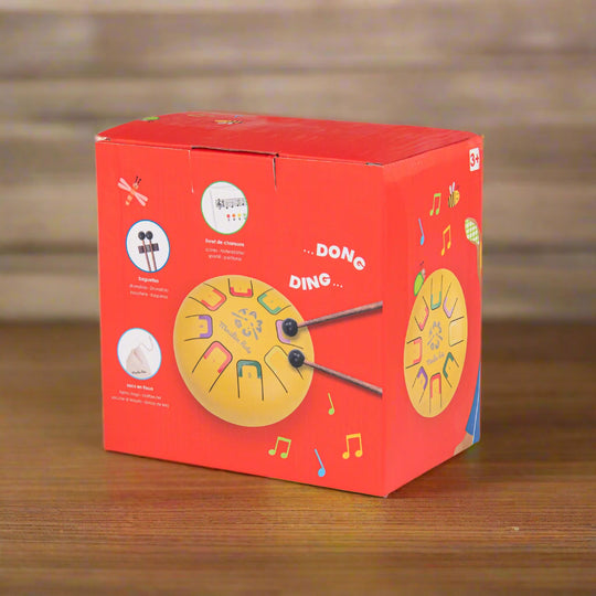 Red box with musical instrument illustrations and text on a white background