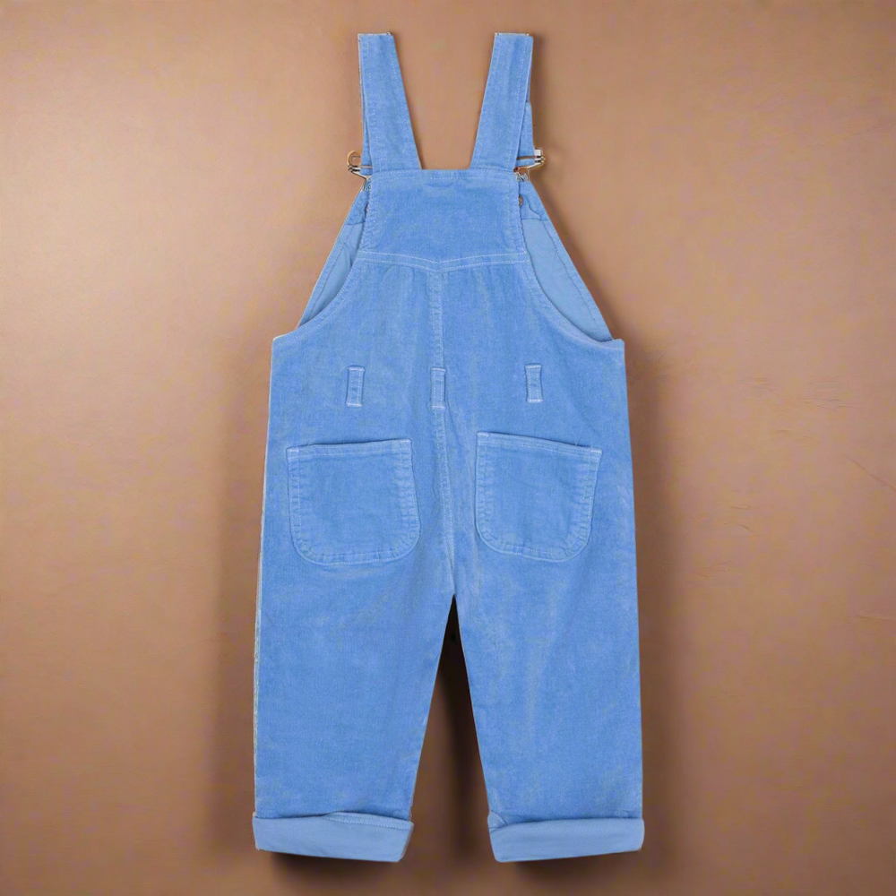 Reverse of blue corduroy dungarees showing two pockets on rear