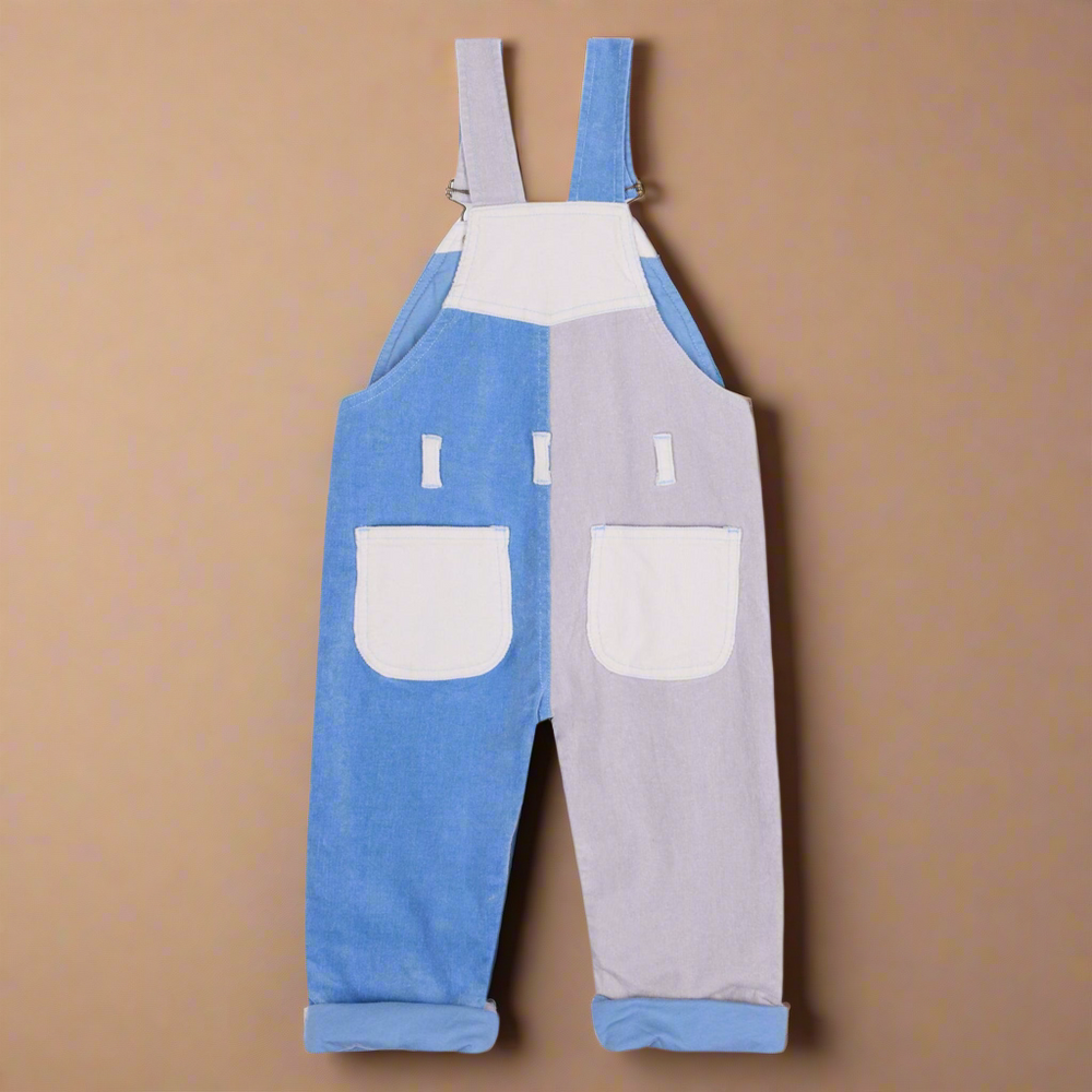 Reverse of patchwork corduroy dungarees showing two pockets on rear