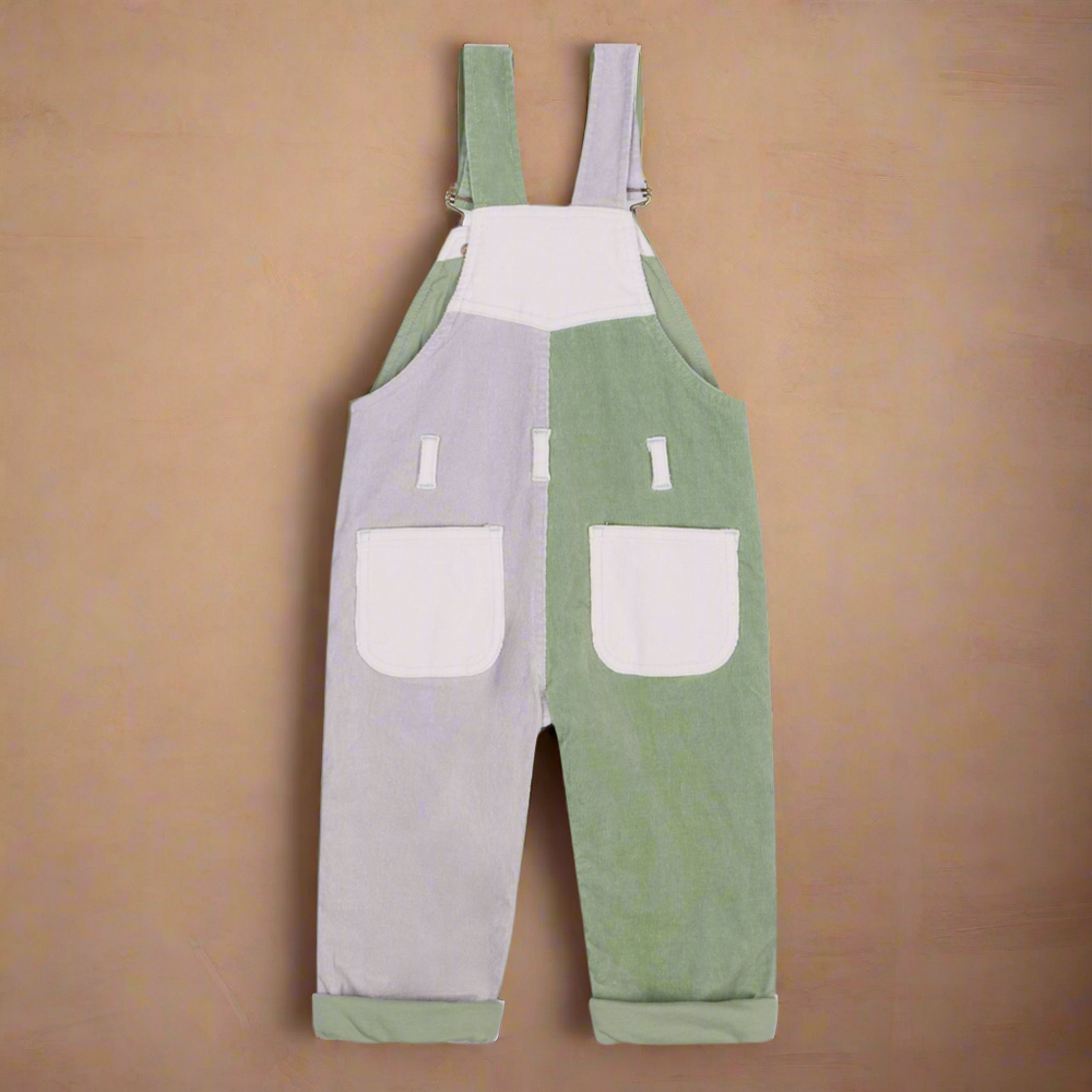 Reverse of patchwork dungarees showing two pockets on the rear