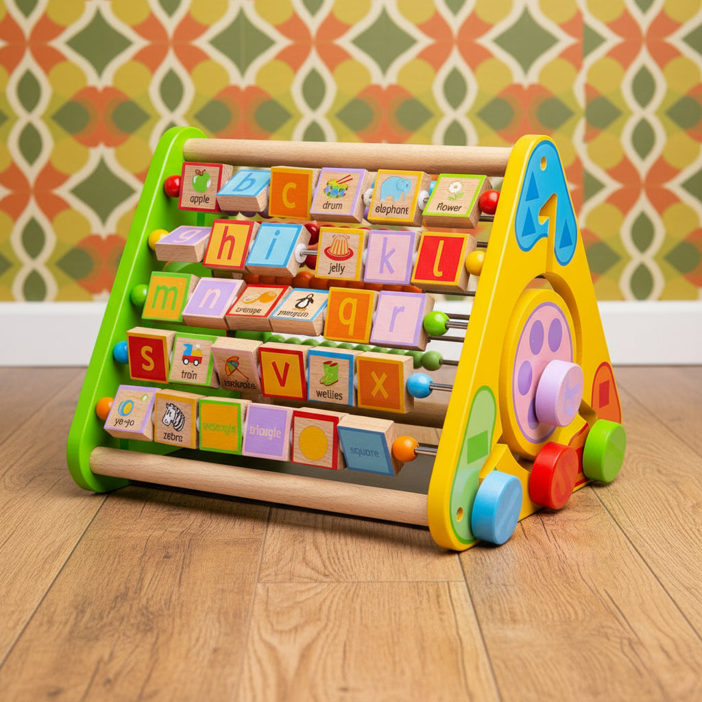A colorful wooden triangular activity center for babies and toddlers with various interactive elements, such as spinning wheels and blocks with letters and numbers.