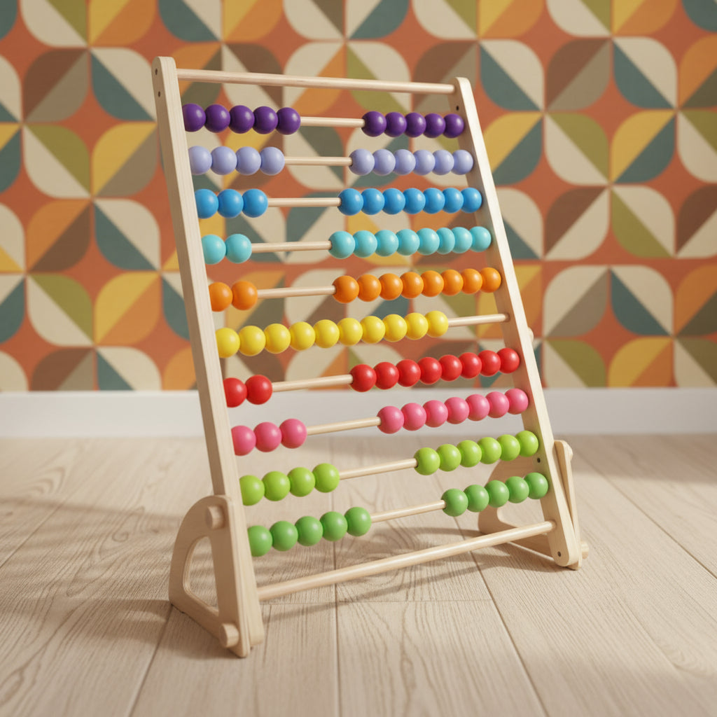 A large wooden abacus with multicolored beads, featuring ten rows and ten beads on each row, set on a light wooden frame.