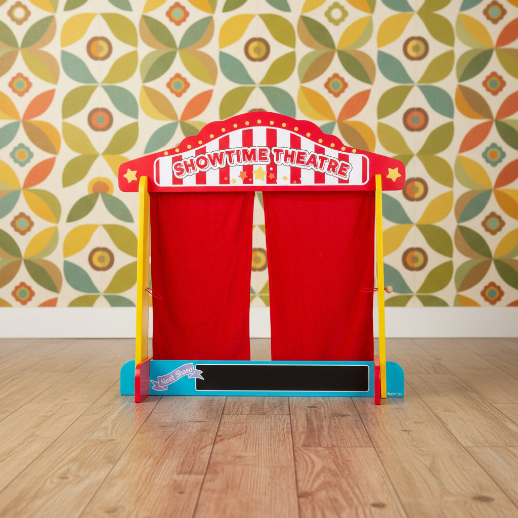 A wooden puppet theatre with red silk effect curtains and a chalkboard, designed for children.