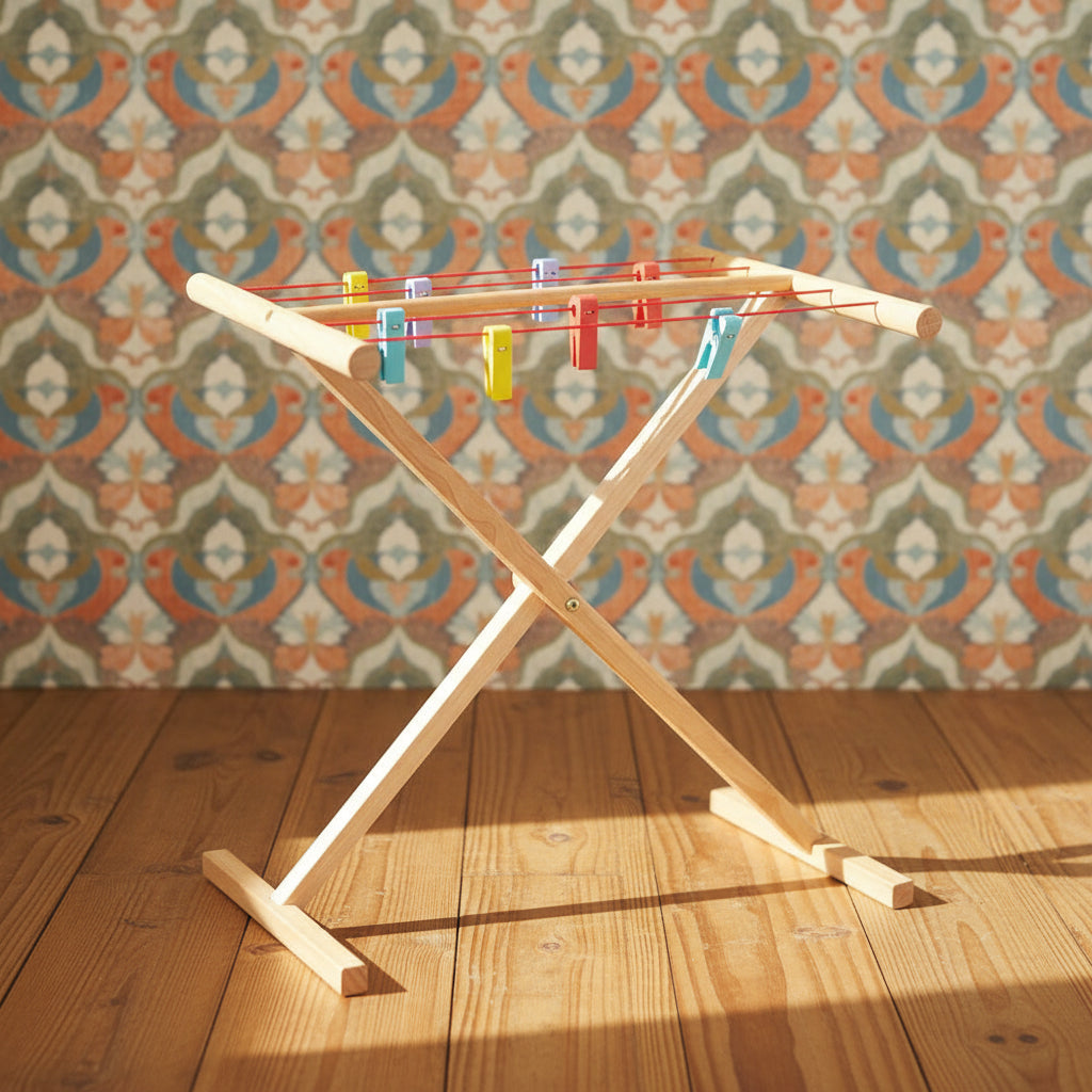 Children's wooden clothes airer with multicolored pegs designed for pretend play.