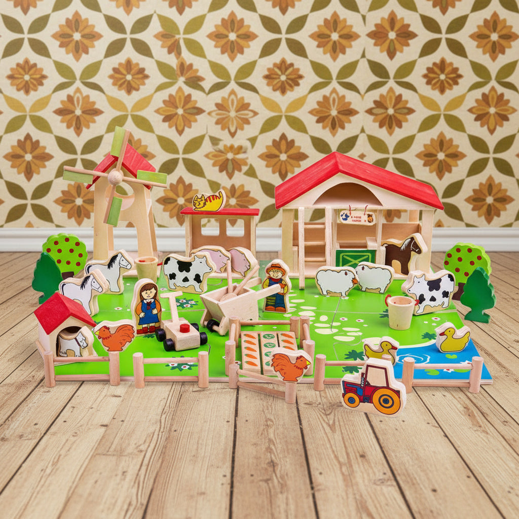 Wooden play farm set featuring a stable, windmill, vegetable patch, kennel, pond, and various farm animals and tools, all in bright colors.