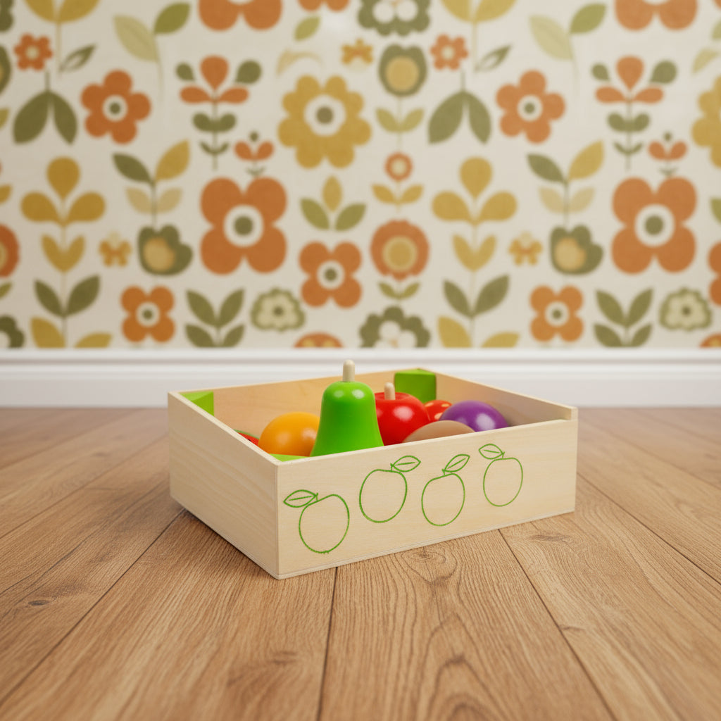 Colorful toy fruits in a wooden box with fruit illustrations on a white background