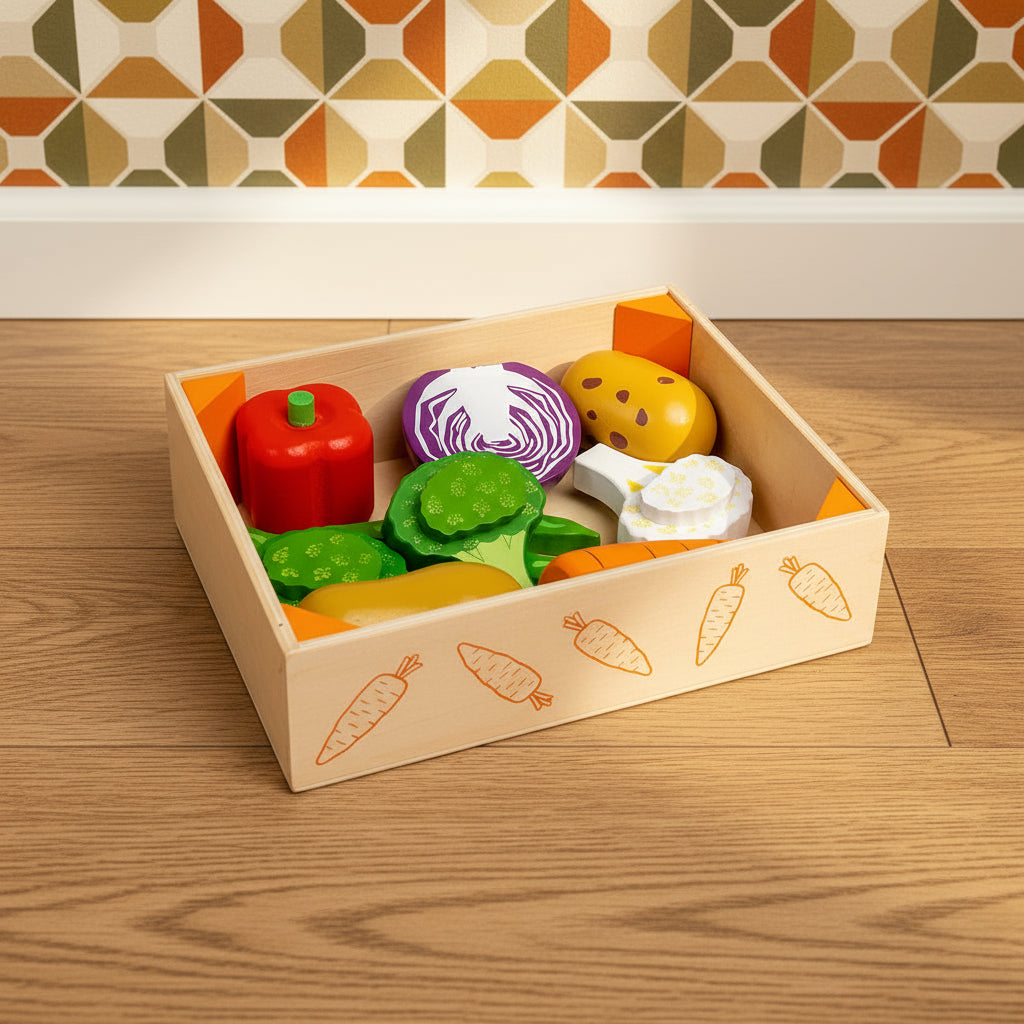 Set of colorful wooden toy vegetables in a box on a white background
