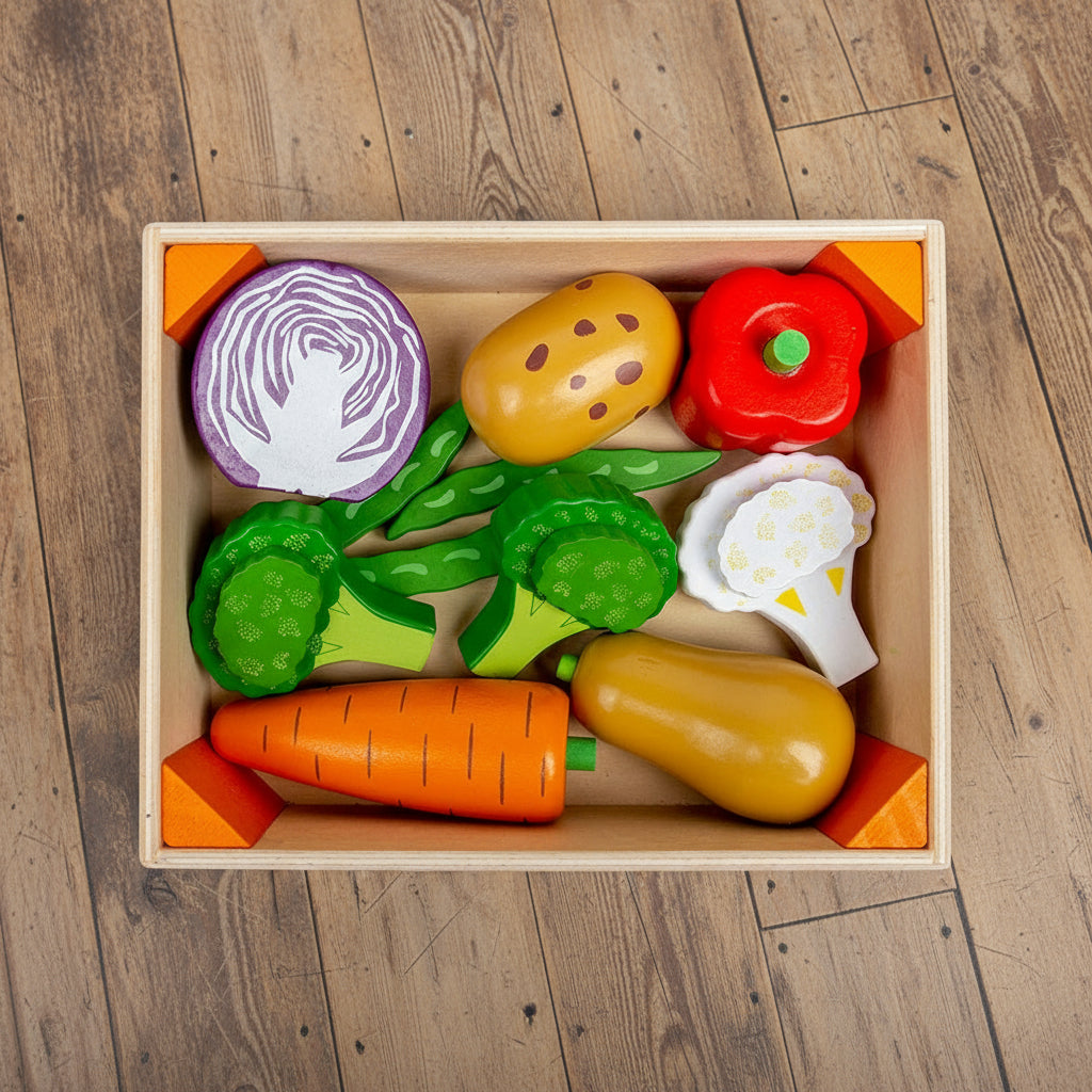Set of colorful toy vegetables in a wooden box on a white background