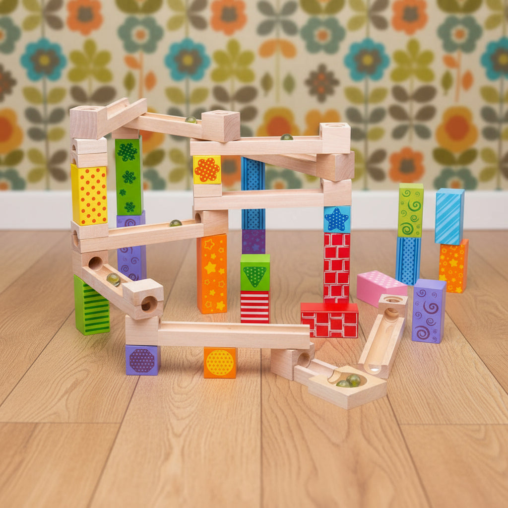 A colorful wooden marble run toy with various play pieces arranged in a spiral descent, with wooden blocks in multiple colors.