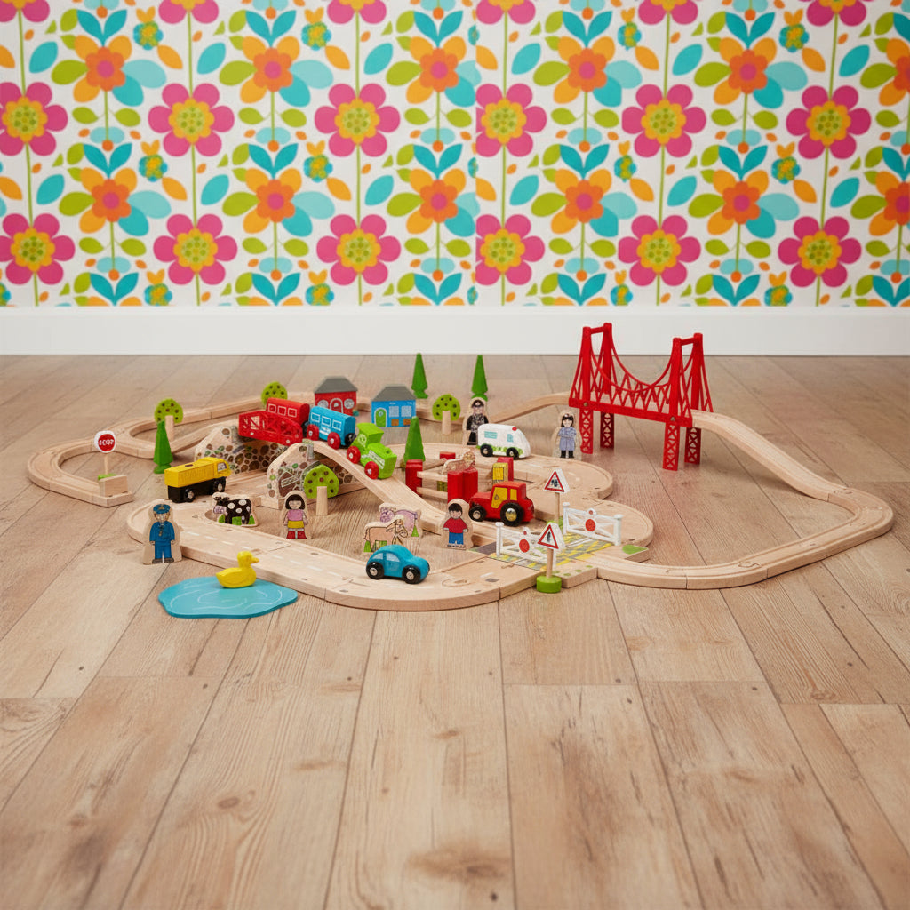 A wooden train set featuring a railway scene with multiple tracks, a road with vehicles, and various play pieces including trees, houses, and farm animals.